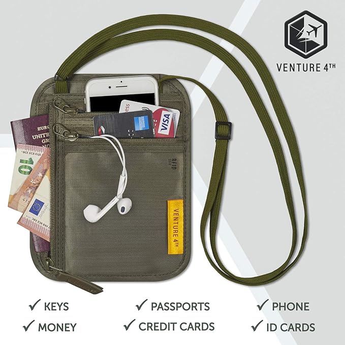 VENTURE 4TH RFID Blocking Travel Neck Wallet - Security Neck Pouch Passport Holder with Nylon Lining (Green)