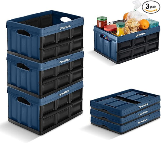 CleverMade Collapsible Storage Bins 32L 3 Pack – Heavy Duty Foldable Storage Bins with Built-In Handles for Garage Storage and Home Organization - Ocean