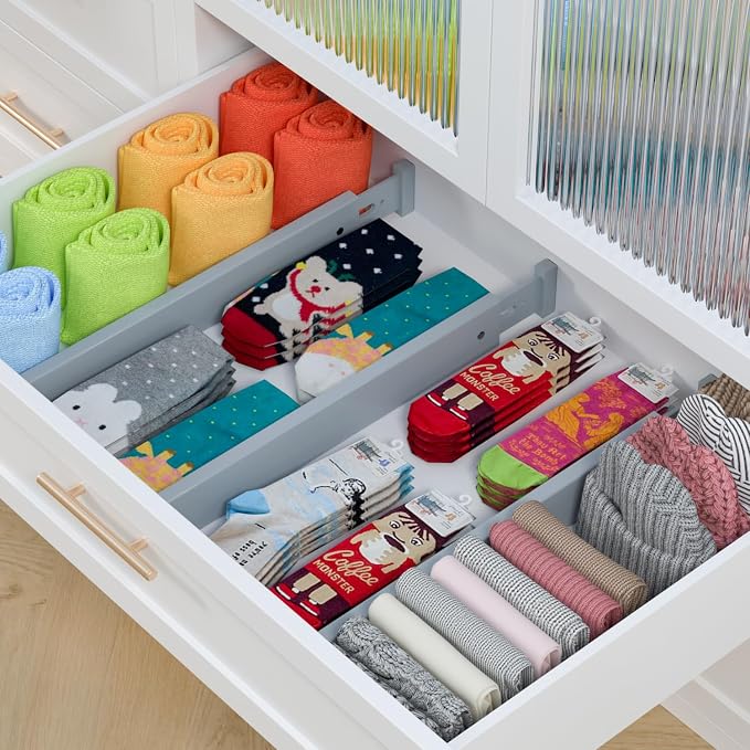 Bamboo Kitchen Drawer Divider 4 Pack,17-22" Adjustable Utensil Drawer Organizer for Dresser Bathroom Bedroom,Grey