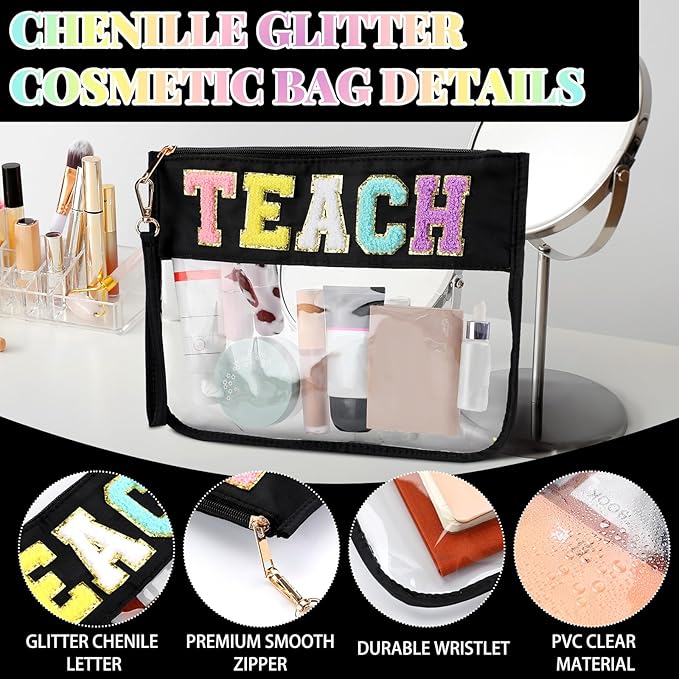 Hillban 2 Pcs Teacher Appreciation Gifts Teach Chenille Letter Clear Makeup Bag Pouch, Monogram PVC Clear Zipper Pouch with Wristlet Travel Cosmetic Bag Graduation Retirement Teacher Gifts for Women