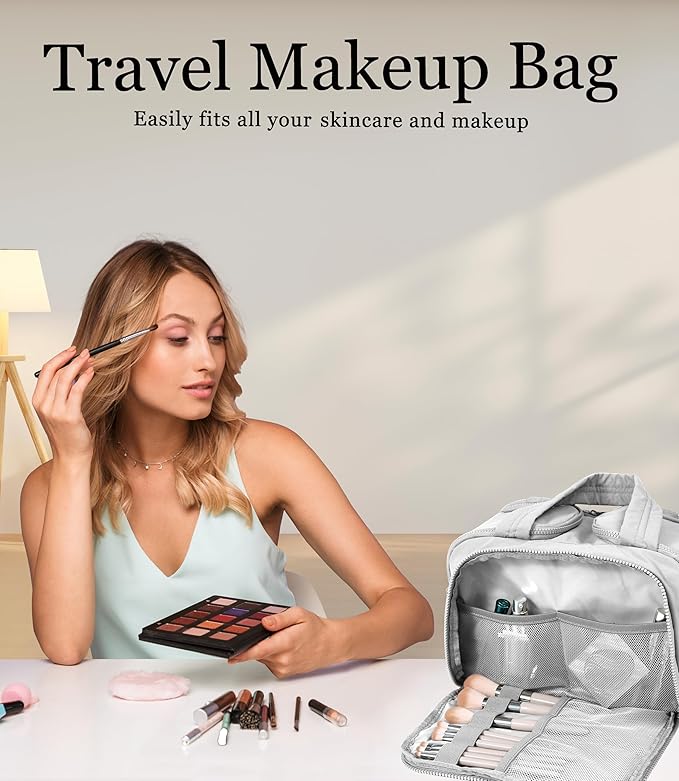 Travel Toiletry Bag for Women, Large Wide-open Puffy Cosmetic Makeup Bag with Wet-Dry Separation, Multi-Pocket Organizer with Carry Handle for Toiletries, Cosmetics, Essentials, Light Grey