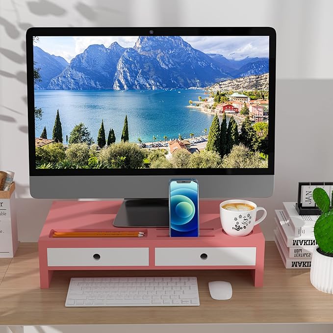 Monitor Stand Riser with Drawer - Pink & White Laptop Stand, Bamboo Desktop Shelf Organizer for Computer, TV, Printer, Office Supplies & Accessories with Phone Holder & Cups Slot, No Assembly Needed