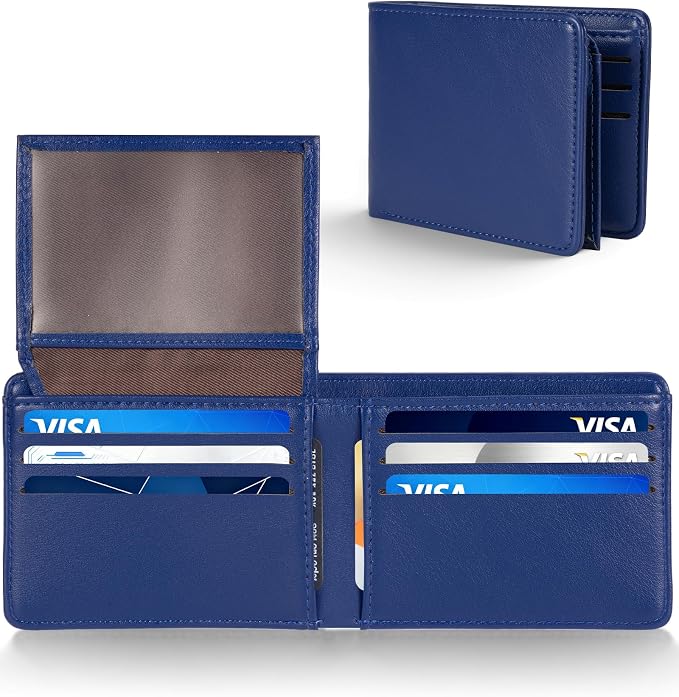 GNDR Wallet For Men Bifold Blue RFID Blocking Slim Faux Leather Wallets Card Holder Front Pocket Minimalist Men Accessories With Gift Box