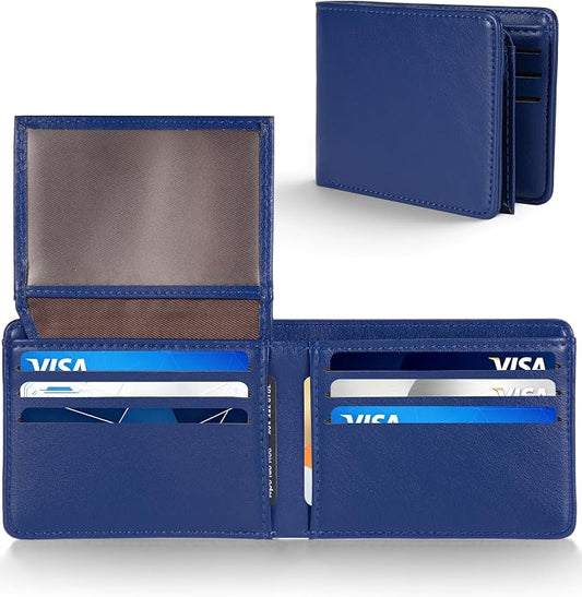 GNDR Wallet For Men Bifold Blue RFID Blocking Slim Faux Leather Wallets Card Holder Front Pocket Minimalist Men Accessories With Gift Box