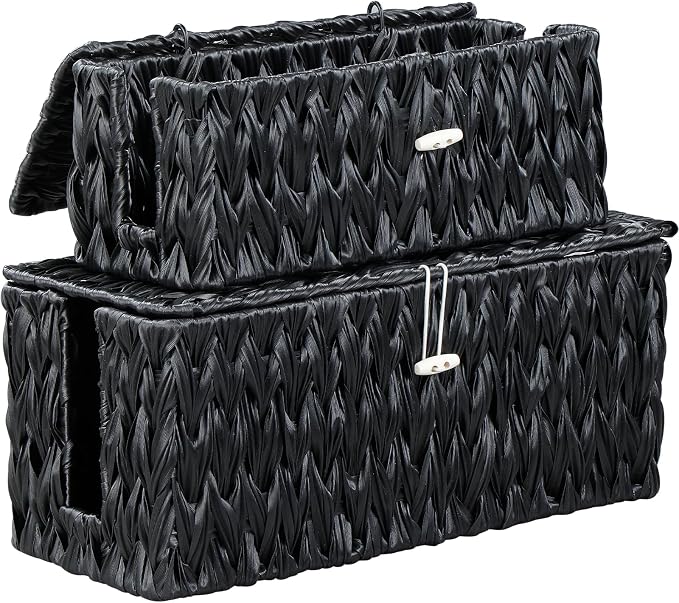 Coeusy Black Cable Management Box,2 Pack Large & Medium Rattan Cable Organizer Box for Power Strip,2 Open Slots Cords Hider Box for TV Wires, Computer, Router, USB Hub and Under Desk Power Strip