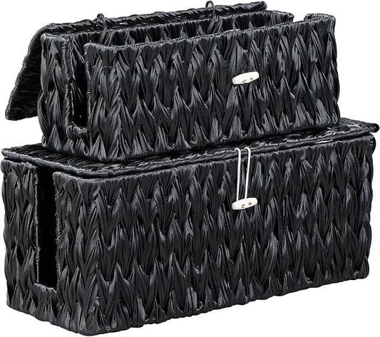 Coeusy Black Cable Management Box,2 Pack Large & Medium Rattan Cable Organizer Box for Power Strip,2 Open Slots Cords Hider Box for TV Wires, Computer, Router, USB Hub and Under Desk Power Strip