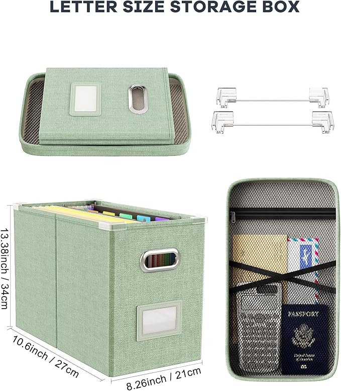 Oterri File Organizer Box with Lid, Hanging Filing File Box with Mesh Pocket, Document Organizer Box for Letter Files, Portable Storage Box(1 PCS, Green)