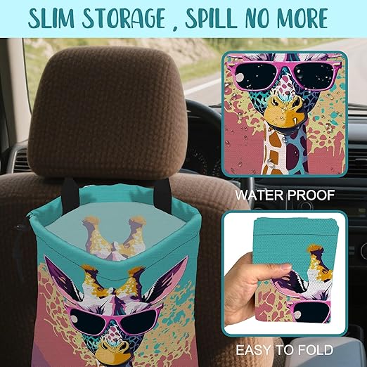 Car Garbage Bag Giraffe Wearing Sunglasses Hanging Canvas Car Trash Bag Waterproof Drawstring Car Back Seat Organizer for Car Back Front Seat Console with Adjustable Buckle