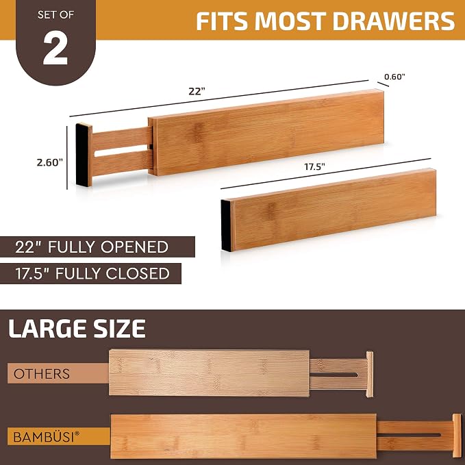 Adjustable Bamboo Drawer Divider Organizers - Fits Large Drawers Sized 17.5" Upto 22"- Expandable Kitchen Drawer Organizer Separators for Utensils, Dresser, Clothes, Bedroom, Bathroom 2-Pack, Natural
