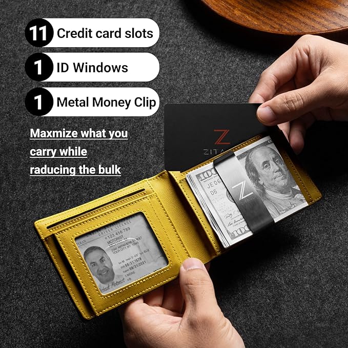 Zitahli Slim Wallet for Men with Money Clip, Minimalist Front Pocket RFID Blocking Leather Wallets Bifold Credit Card Holder, 11 Card Slots and ID Window with Gift Box