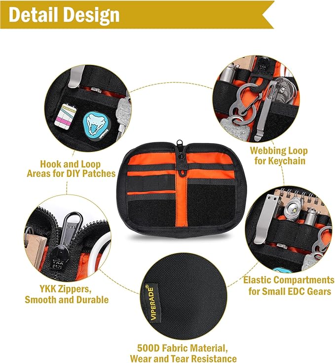 VIPERADE VE21 EDC Pouch Small Pocket Organizer with 9 Compartments, Pocket Tool Pouch with Patches Display Panel, Mini Organizer Bag for Men (Black)