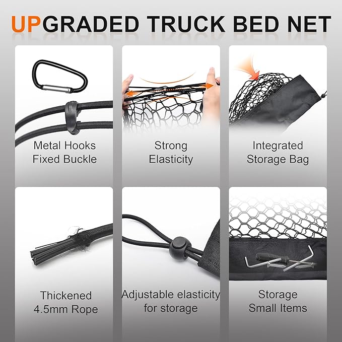 Truck Bed Cargo Net for GMC Sierra 1500 & Chevy Silverado 1500 2013-2024, Envelope Style Pickup Cargo Net with Storage Bag, Heavy Duty Elastic Mesh Organizer with Carabiners, Secures Groceries & Gear