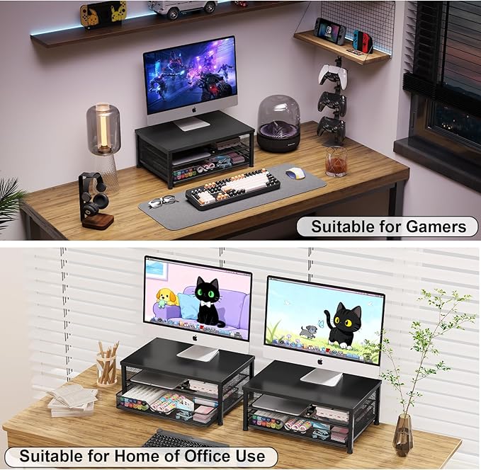 OPNICE Computer Monitor Stand Riser, Desk Organizer with Drawer, Printer & Laptop Stand, Office Desk Accessories & Workspace Desktop Organizers Storage for Office Supplies(Black 2-Pack)