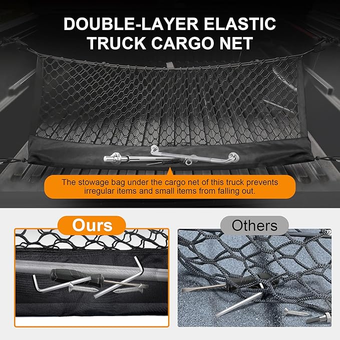 Truck Bed Cargo Net for GMC Sierra 1500 & Chevy Silverado 1500 2013-2024, Envelope Style Pickup Cargo Net with Storage Bag, Heavy Duty Elastic Mesh Organizer with Carabiners, Secures Groceries & Gear