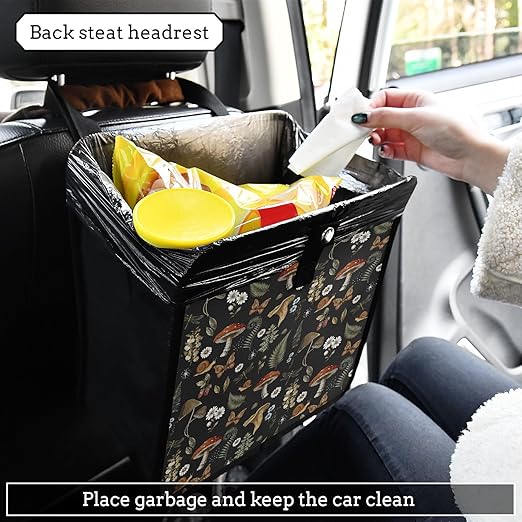 Mushrooms Car Trash Can Vintage Flower Butterfly Dragonfly Foldable Hanging Car Trash Bag Bin Auto Garbage Can Leak-Proof Car Organizer(Large)