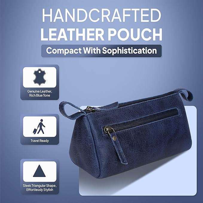 Leather Makeup Bag for Women – Genuine Leather Cosmetic Bag Travel, Handmade Zippered Makeup Pouch, Small Toiletry Bag, Shaving Kit & Stationery Organizer- Blue