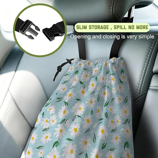 Car Trash Bag Blue Daisy Floral Leak-Proof Waterproof Car Garbage Bag with Drawstring Foldable Canvas Trash Bin with Adjustable Buckle for Car Accessories