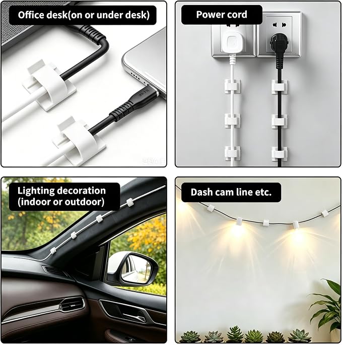 20 Pack Adhesive Cable Clips for Cord Management, Small Wire Holders for Desk Wall Car, Strong Sticky Cable Organizer for Phone Charger, USB, TV, Ethernet & More (20, White)