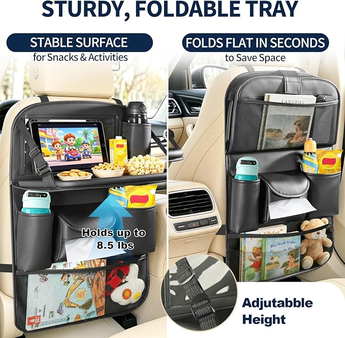1 Pack Backseat Car Organizer with Foldable Tray Table, PU Leather Seat Back Organizer with Tablet Holder, Large Storage Pockets, Waterproof Kick Mat & Seat Back Protector for Cars, SUVs & Minivans