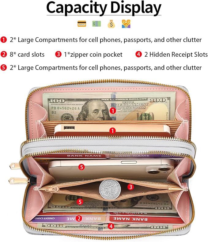 RNIEGA Wallet for Women Clutch Double Zip Around Credit Card Holder Leather Women's Wallet Large Capacity