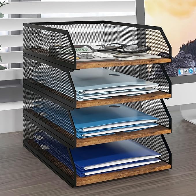 Natwind 4-Tier Stackable Metal Mesh Paper Organizer with Sliding Tray,Retro | Wooden Desk Organizer, Letter Tray For Desktop,File Holder For Home Office School Classroom Organization
