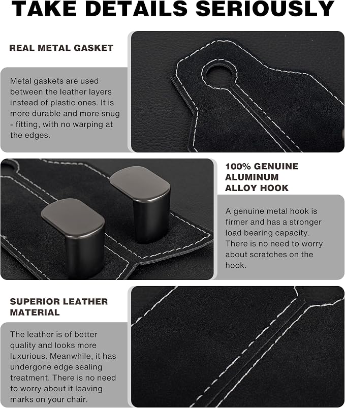 Purse Hook for Car, Car Hooks for Seat Headrest Metal & Premium Leather 2026 Latest, Auto Headrest Hanger Organizer Accessories for Purses and Bags, 2 Pack Black