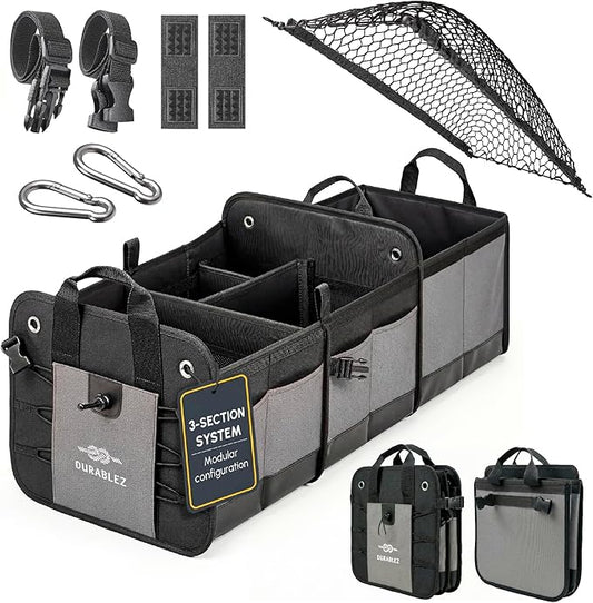 3-Section Modular Trunk Organizer XL – Car Storage for Groceries, Cleaning Supplies, Tools, Sports Gear – Foldable L-Shape Cargo Bin – Gray