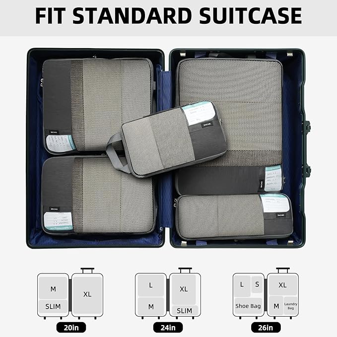 BAGAIL 6 Set Lightweight Compression Packing Cubes with Packing List, Anti-Tearing Expandable Organizer Bags for Travel, Dark Grey