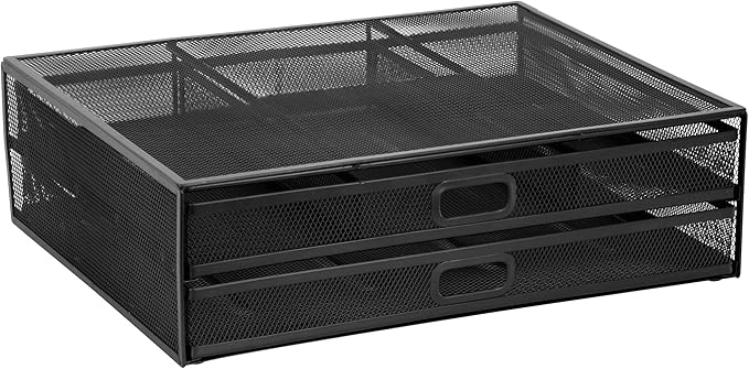 MOUNT-IT! Computer Monitor Stand With Drawers, Metal Mesh Riser and Organizer for Laptops and Computer Screens, Laptop, and Printer Accessories and Office Supplies (Black)