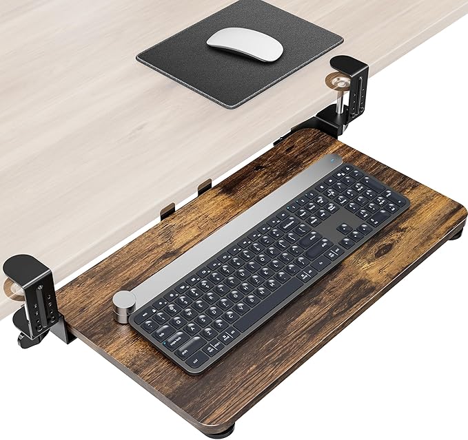 Ergonomic Mouse & Keyboard Tray Under Desk, Pull Out with Adjustable C-clamp, 20 (25.9 Including Clamps) x 11.8 Inch Slide Out Computer Keyboard Drawer Mouse Tray for Typing, Rustic Brown