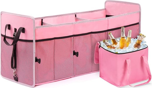 Car Trunk Organizer with Individual Cooler Bag - 3 Compartments Trunk Organizer for Car Collapsible Car Storage Organizer for SUV (Pink)