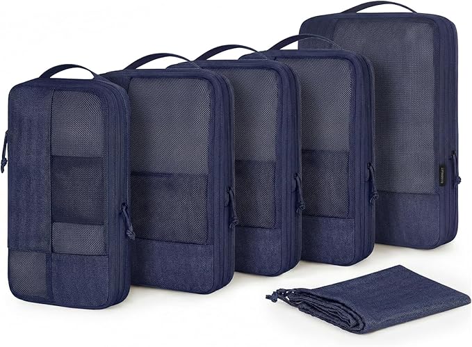 BAGSMART Compression Packing Cubes, Durable Travel Packing Cubes for Carry-On Suitcase, Lightweight Compressible Luggage Organizer Cruise Ship Travel Essentials, 6-Pack 1L+3M+1S+Shoe Bag, Navy Blue