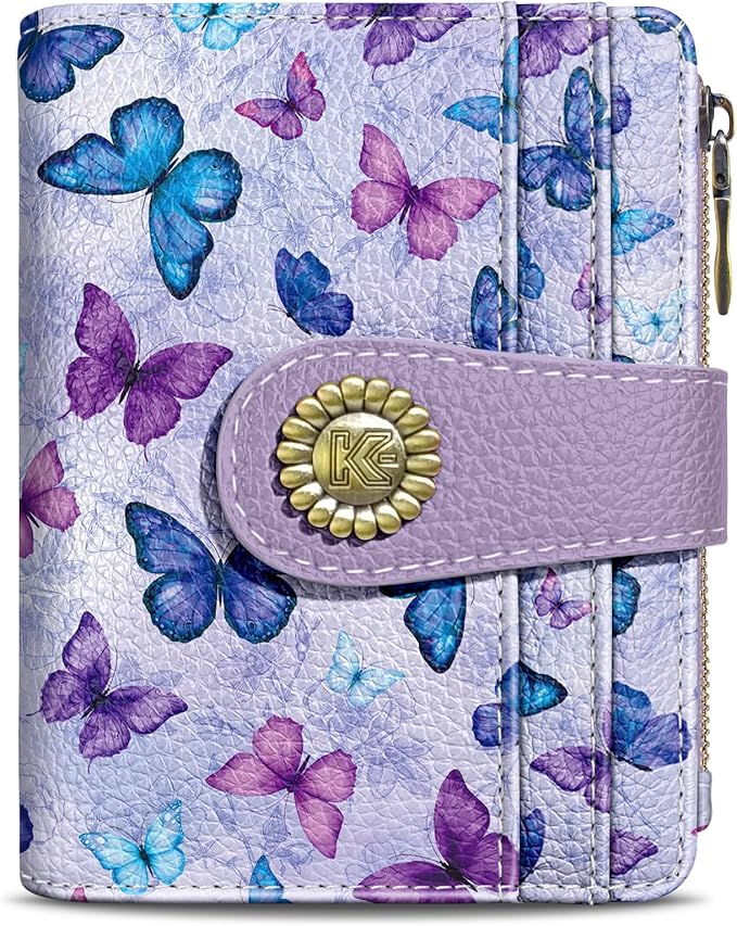Kelvoris Small Rfid Butterfly Women Wallet Bifold Zipper Coin Pocket PU Leather Compact Cash Credit Card Holder Travel Wallet for Female Ladies Teen Girls 1 ID Window 10 Card Slots