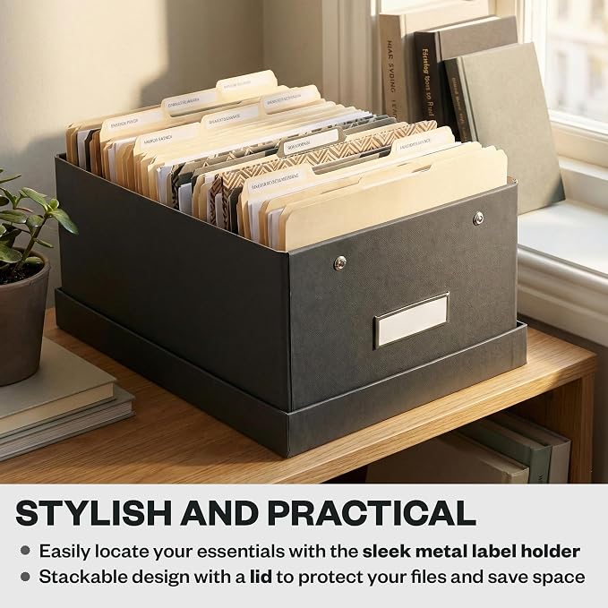 Bigso Box of Sweden Karin Collapsible Storage Box with Labelframe for Easy Identification - Simple Assembly Without Tools - Decorative Storage Boxes with Lids - 8.9in x 12.4in x 5.4in - Dark Gray