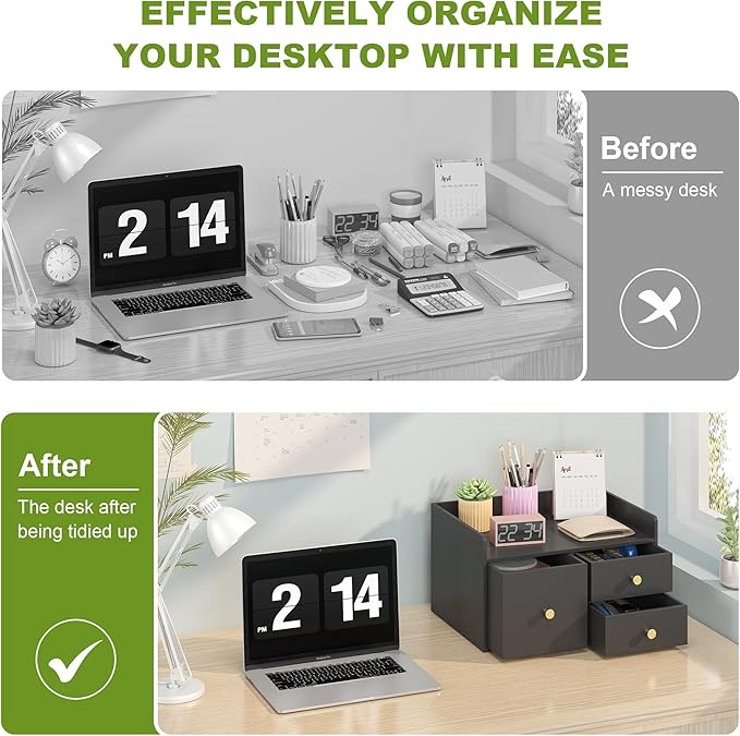 Bamboo Desk Organizer - Stackable, No Assembly Required, Ideal for Office/Home Use - Perfect for Toiletries, Stationery, Accessories. (Black, Square drawer to the left of the fence)