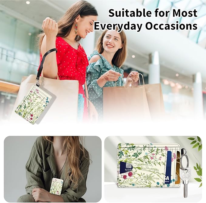 Slim Minimalist Front Pocket Wallet,Credit Card Holder Wallet for Women Men,RFID Blocking Credit Card Holder Case Leather Cute Small Thin Wallet ID Window&Wrist Strap,Flower Floral Plant
