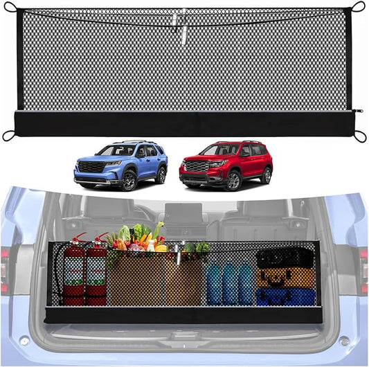 3-Layer Cargo Net for Honda Pilot/Passport 2023-2026, Zoned Storage Trunk Net with Foldable Zippered Bottom Bag, Heavy-Duty Cargo Organizer Netting for Camping, Trips & Everyday Use