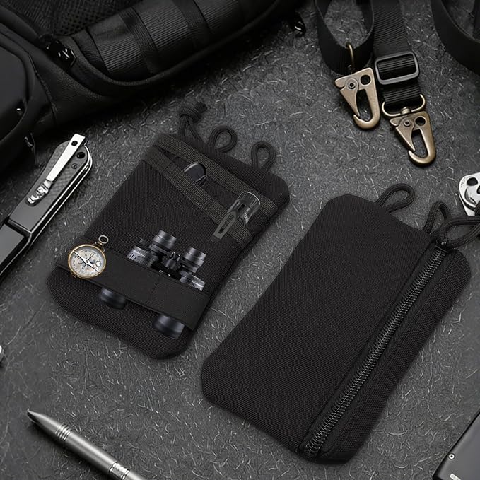 Small EDC Pocket Organizer, 5-Pocket EDC Pouch for Men, Compact EDC Tool Pouch for Knife Flashlight Pen Multitool, Black EDC Belt Pouch for Daily Carry