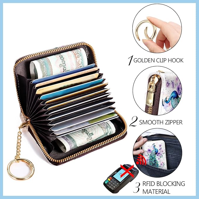 Blusabaca Credit Card Holder for Women, Peacock Small RFID Blocking Wallet with Wristlet Strap, Keychain Wristlet Zipper Women Wallet, Leather Card Case, Accordion Card Wallet Purse with Key Lanyard