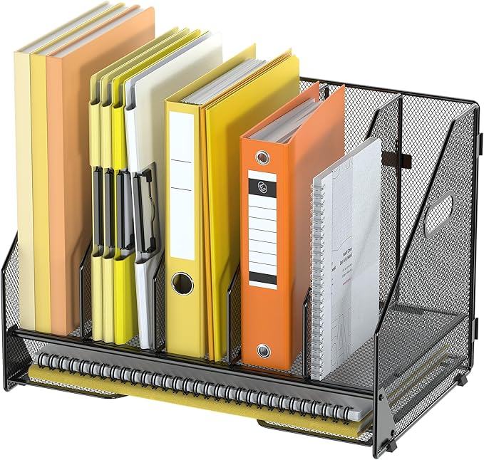 Docnest Desk File Holder Sorter, 5 Vertical Compartments Rack with Letter Tray, Mesh Magazine File Holder with Handle,Workspace Organizers,Desk Organizers for Paper, Mail, Documents-Black