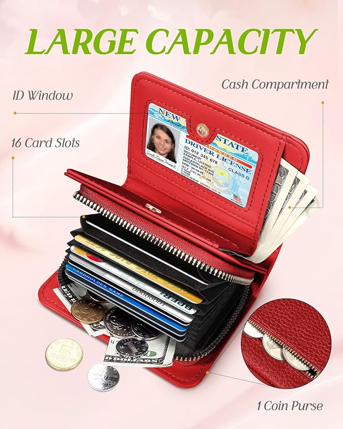 Bistup Credit Card Holder Wallet for Women Cute Leather Ladies Teen Girls Female Cardholder Wallets Accordion Purse Small Medium Aesthetic Print Red Unique Modern Design Rfid Zipper Around