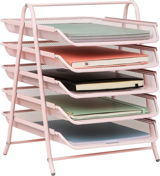 Mind Reader 5-Tier Paper Tray Organizer, Vertical Desktop File Storage Rack, Office, Metal Mesh, Pink