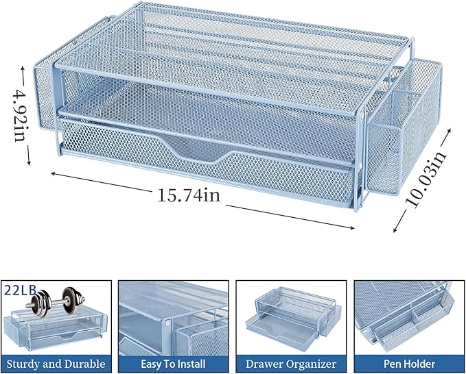 AUPSEN Computer Monitor Stands Riserï¼?-Tier Desk Organizers and Accessories, Office Desk Accessories Organizer with Drawers and 2 Pen Holder for Office Supplies (Blue)