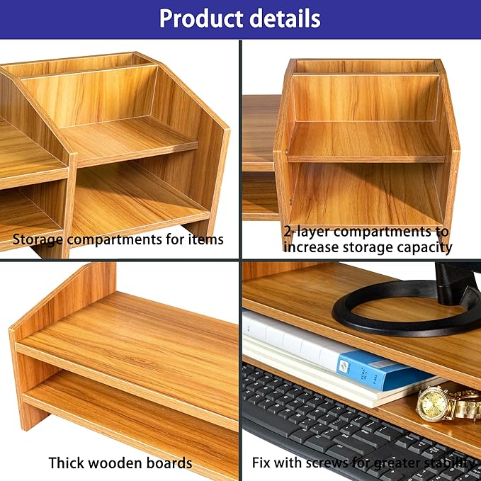 Catekro Monitor Stand Riser, 2 Tiers Wood Monitor Riser Stand with Storage Organizer, Multi-Purpose Desktop Organizer Riser for Computer,Laptop,Printer(Brown)