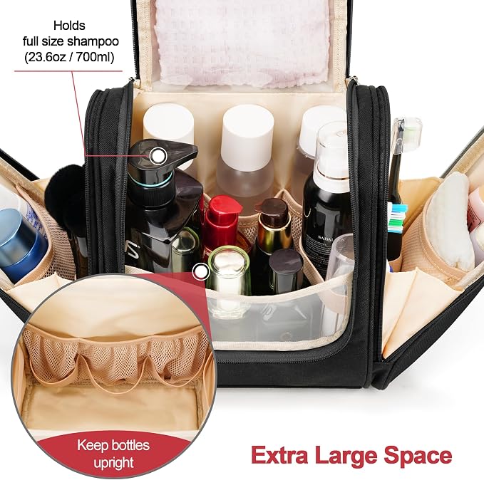 COOSKY Hanging Travel Toiletry Bag for Women and Men, 6 Organizer Compartments, Large Toiletries essentials, Bathroom Cosmetic Accessories, Water-resistant Makeup Bag, Holds Full-Size Shampoo, Black