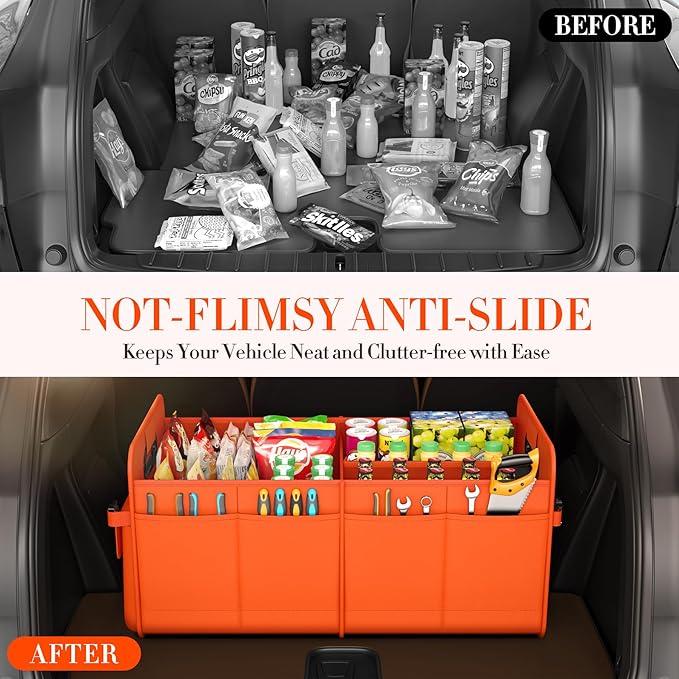 titiyiof Trunk Organizer For Suv & Sedan,Car Organizers and Storage, Waterproof Collapsible & Adjustable Straps,70L Sturdy Car Organization for Car Accessories, Tools,Sundries,2-3Compartment（Orange