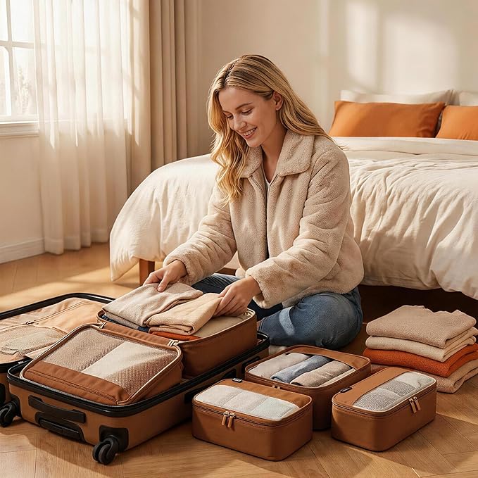 4 Piece Compression Packing Cubes for 3–7 Day Travel, Space Saving Travel Organizers with Breathable Mesh, Double-Zipper Packing Cubes for Carry-On & Suitcases (Brown)