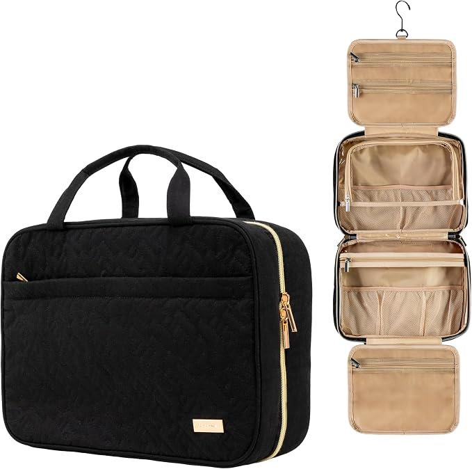 Carrywell (Not Made In China) Toiletry Bag Travel Bag with Hanging Hook, Makeup Organizer Case, Water-Resistant Cosmetic Bag For Full-size Containers, Toiletries, Black Large