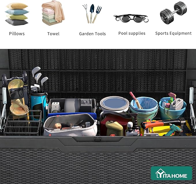 YITAHOME 100 Gallon Outdoor Storage Box, Large Water Resistant Resin Deck Box, Indoor Outdoor Lockable Storage Container for Patio, Garden, Cushions, Tools, Equipment (Black)