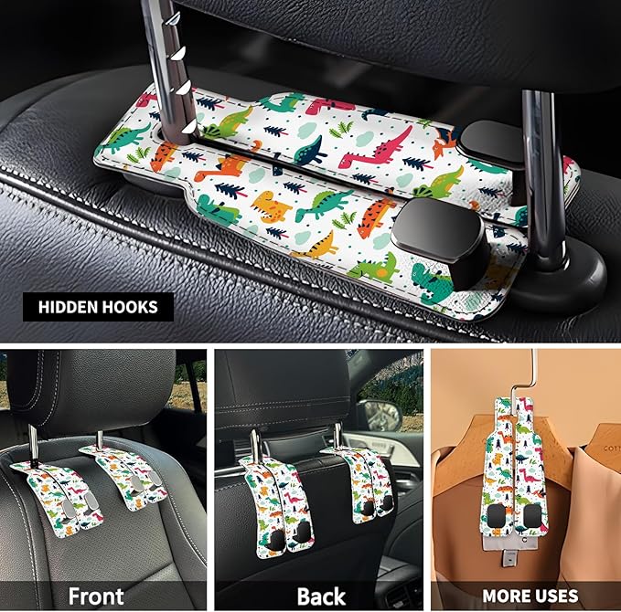 Car Seat Headrest Hook, Universal Leather Cute Hanger Holder Hook, Storage Organizer Interior Accessories for Purse Bags Handbag Colorful Cute Dinosaurs